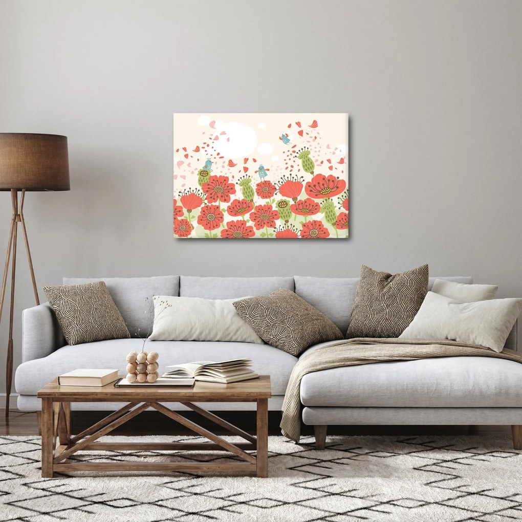 Obraz - Vtáčiky na rozkvitnutej lúke (70x50 cm)
