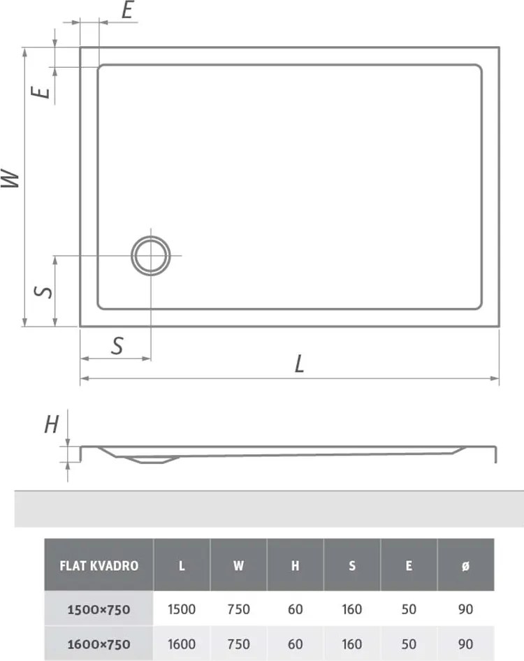 Roth Obdĺžniková akrylátová sprchová vanička FLAT KVADRO 2 ROTH-Variant: rozmery: 150x75 cm - (FLAT KVADRO 1500x750 - 8000243)