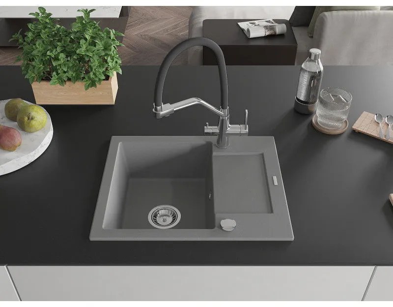 Mexen Enzo, granitový drez 576x465x174 mm, 1-komorový a drezová batéria Duo, šedá, 6506-71-671701-07