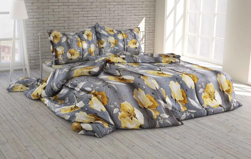 Polášek Krepové obliečky Rozkvitnutý kvet - Šedá / žltá | 140 x 220 cm / 70 x 90 cm