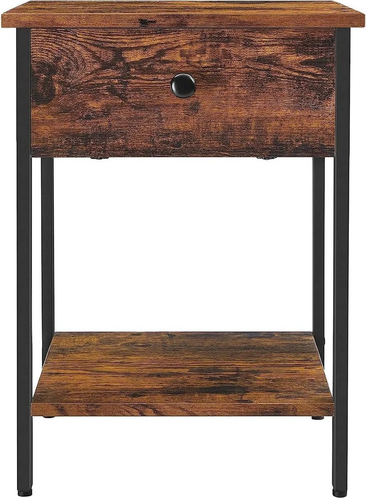 Nočný stolík, príručný stolík so zásuvkou a policou, rustikálny hnedý