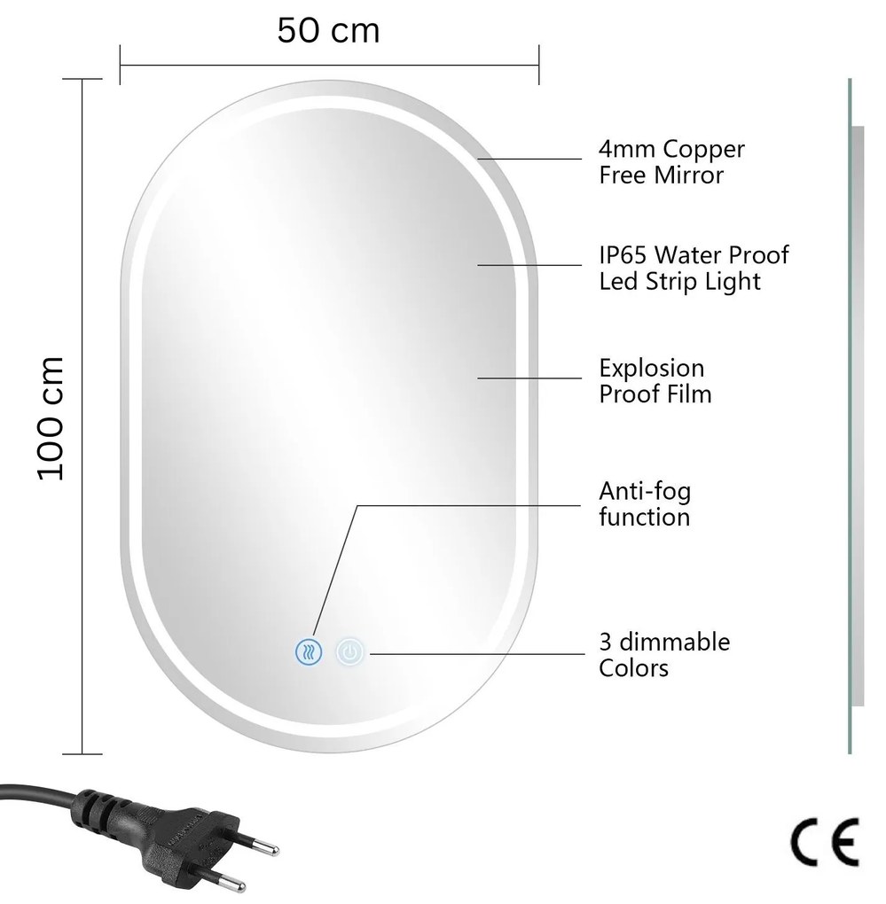Erga Lyra, oválne LED zrkadlo 50x100cm, 3 farby svetla, predné a zadné osvetlenie, vyhrievacia podložka proti zapareniu, ERG-V01-LYRA-5010-CL