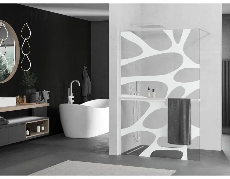 Mexen Kioto+, sprchová zástena Walk-In s poličkou a vešiakom 120 x 200 cm, 8mm číre sklo biely vzor, biely profil, 800-120-121-20-97