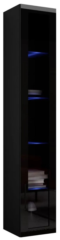 Vitrína 180 sklo Zigo, Osvetlenie: osvetlenie LED RGB - farebné, Farby: čierny / čierny lesk