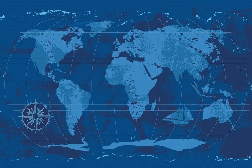 Samolepiaca tapeta rustikálna mapa sveta v modrej farbe - 225x150