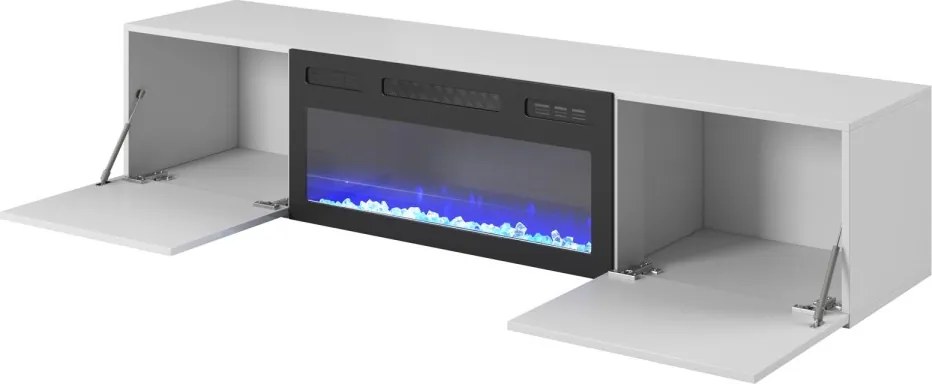 Závesný TV stolík LICO s krbom 180 cm biely