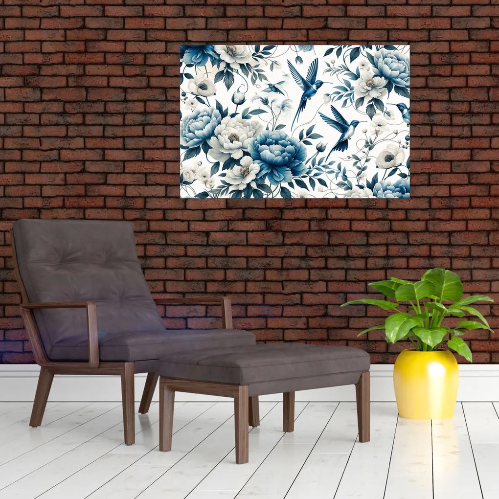 Obraz - Kolibríky s kvetmi (90x60 cm)