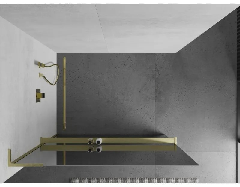 Mexen Kioto+ L, sprchová zástena Walk-In s poličkou a vešiakom 80 x 200 cm, 8mm sklo vzor zrkadlo, zlatý matný profil, 800-080-123-55-50
