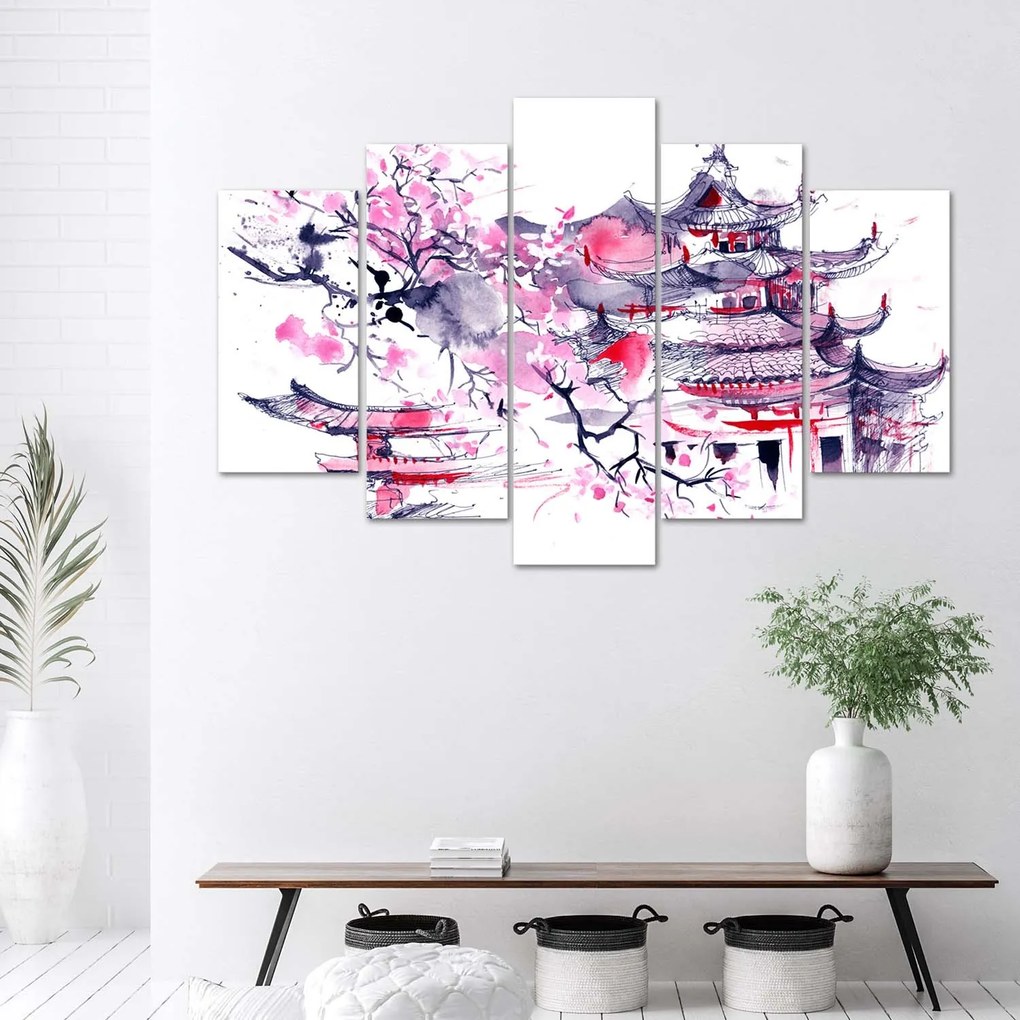 Gario Obraz na plátne Japonská pagoda a čerešňový kvet - 5 dielny Rozmery: 200 x 100 cm