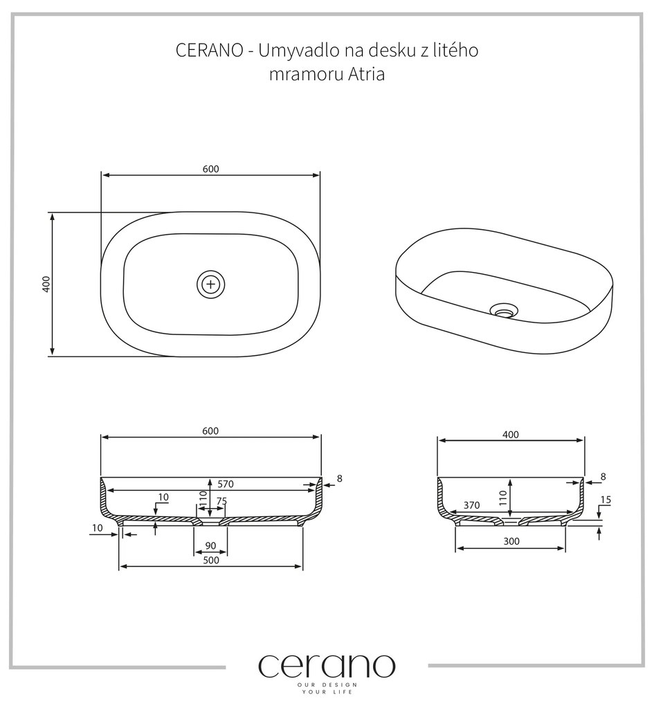 Cerano Atria, umývadlo na dosku z liateho mramoru 600x400x130 mm, biela matná, CER-CER-WB17