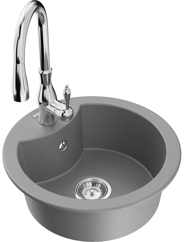 Mexen Diego, 1-komorový granitový drez 488x488x167 mm a drezová batéria Savita, šedá, 6512-71-672601-00