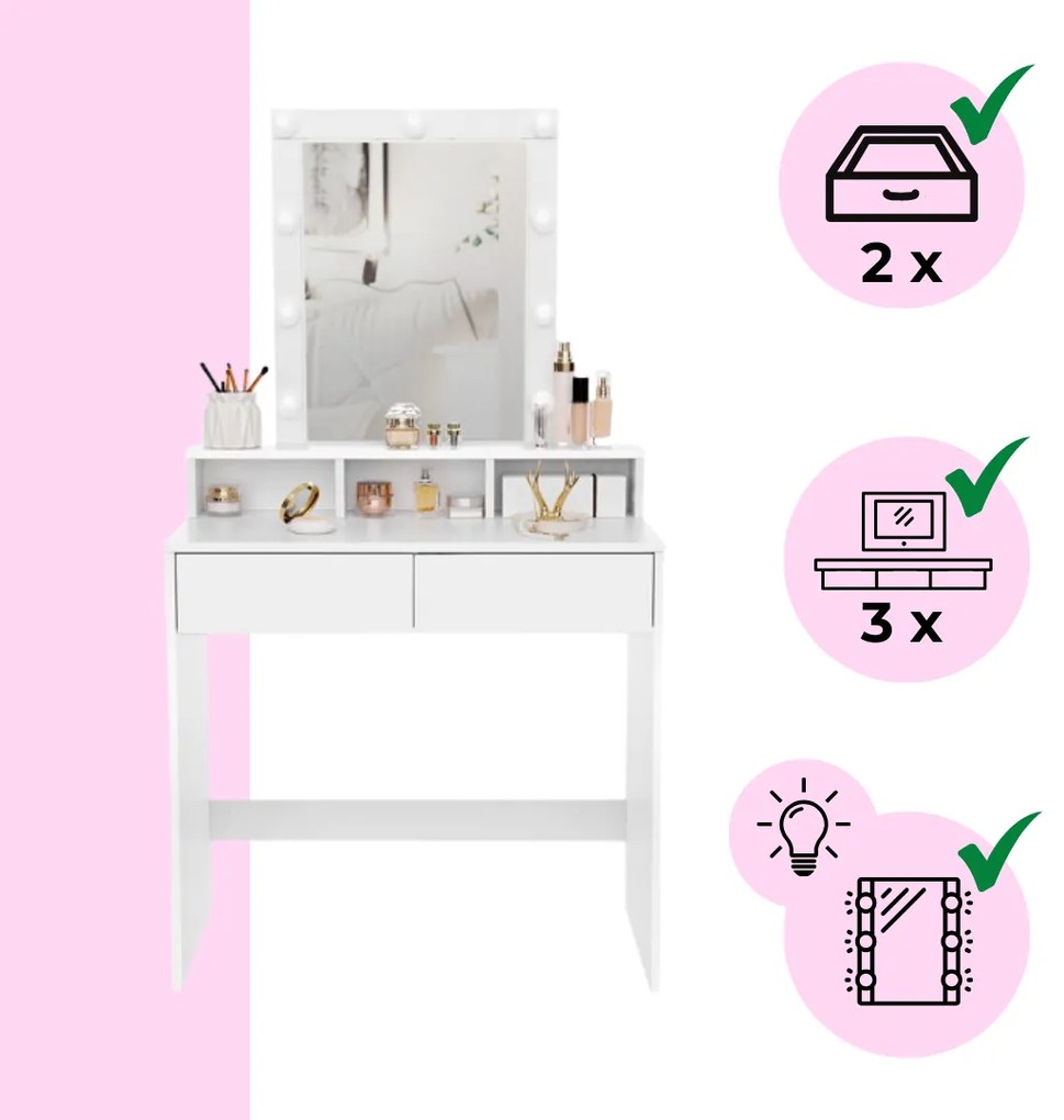 Toaletný stolík VANESA s osvetlením, 80x40x145cm, biela Jurhan