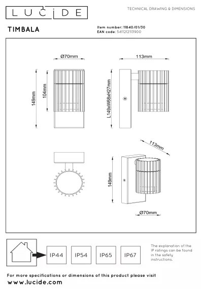 Lucide 11840/01/30 - Vonkajšie nástenné svietidlo TIMBALA 1xGU10/7W/230V IP44