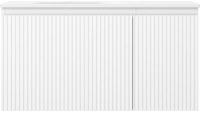 Mexen Rivel, kúpeľňová skrinka 90 cm s umývadlom Vela ľavá, 1S, 1D, drážkovaná, biela matná, 91A23-09047-3-BBFF01-W23L01