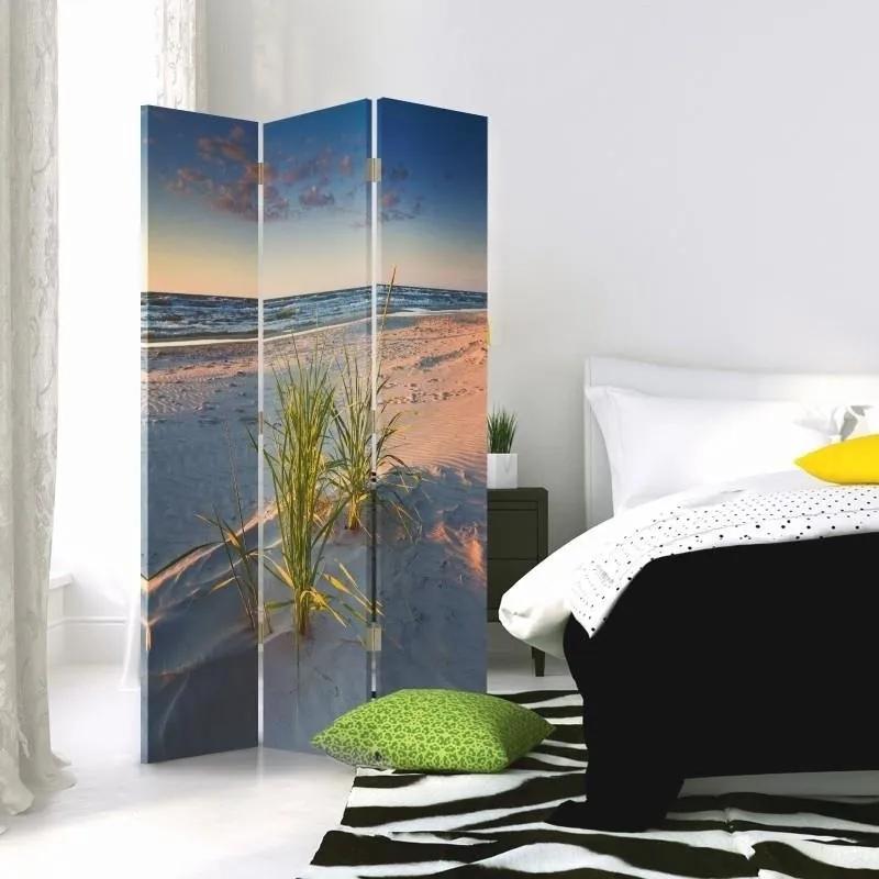 Ozdobný paraván, Fialové světlo nad pláží - 110x170 cm, trojdielny, obojstranný paraván 360°