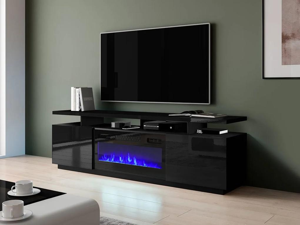 TV skrinka Aniceto s krbom, Osvetlenie: osvetlenie LED, Farby: čierny / čierny lesk