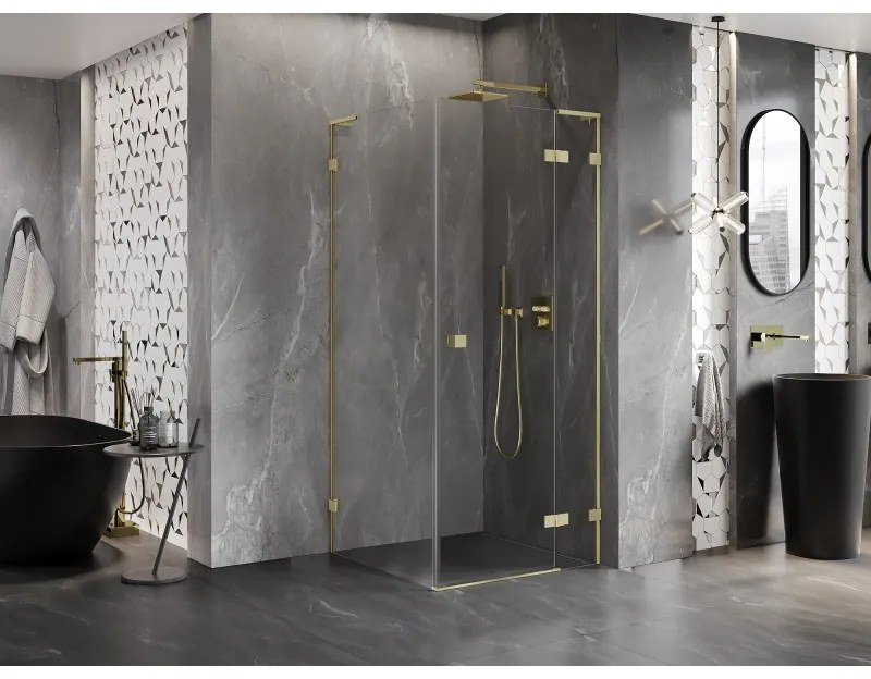 Mexen Lunar, L výklopný sprchový kút pravý 80 x 80 cm, 8mm číre sklo, zlatý kartáčovaný - 834L-080-080-55-00-P
