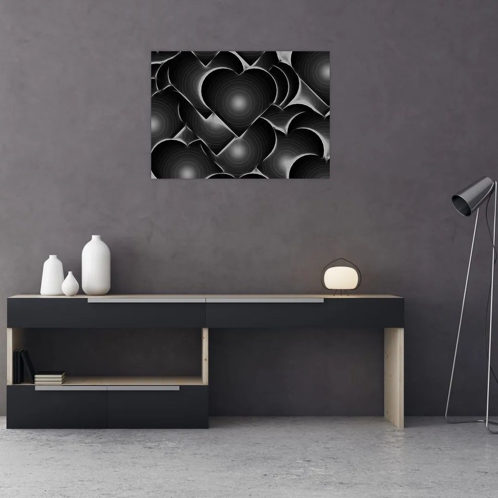 Sklenený obraz čierno-bielych sŕdc (70x50 cm)