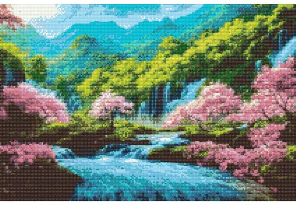 Gario Diamantové maľovanie Rozkvitnuté stromy pri vodopáde Rozmery: 120 x 80 cm, Rámovanie: Iba zrolované plátno, Diamanty: Okrúhle