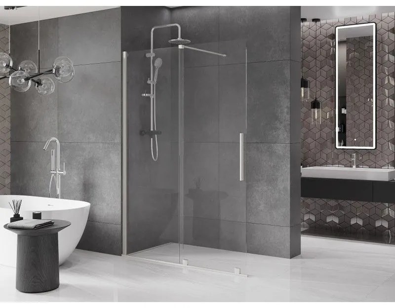 Mexen Velar, sprchová zástena s posuvnými dverami Walk-in 130 x 200 cm, 8mm číre sklo, brúsená oceľ, 871-130-000-03-97