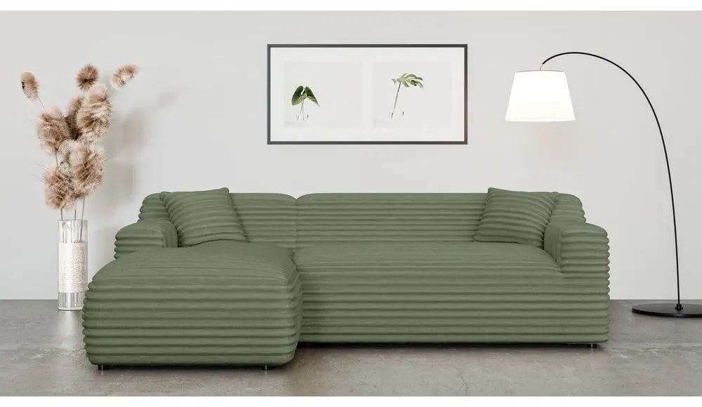 Zelená menčestrová rohová pohovka (ľavý roh/s leňoškou) Martin – Ropez