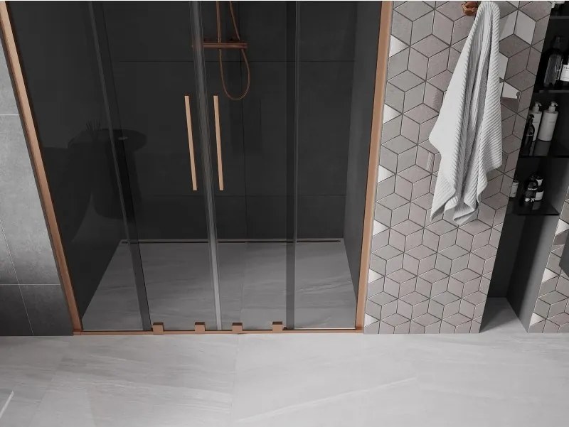 Mexen Velar Duo, posuvné sprchové dvere do otvoru 150 cm, 8mm šedé sklo, medená matná, 871-150-000-42-65