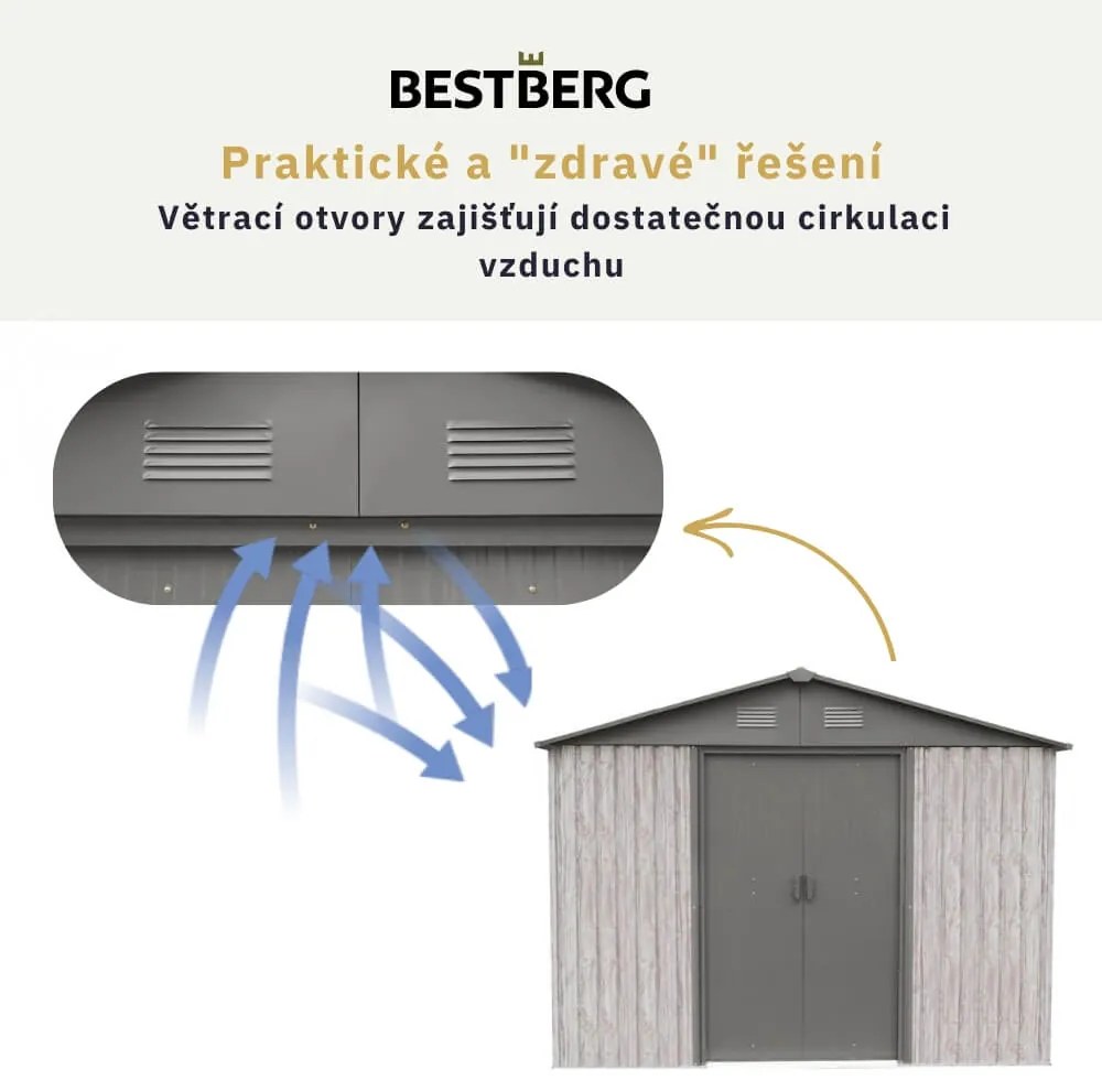 Záhradný domček BestBerg ZDB-7SD / 7,2 m² / 301 x 238 x 214 cm / biele drevo / sivá