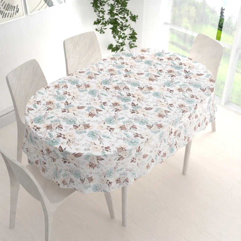 Biante Bavlnený oválny obrus Sandra SA-451 Žlto-hnedo-mintové ruže na bielom 80x120 cm