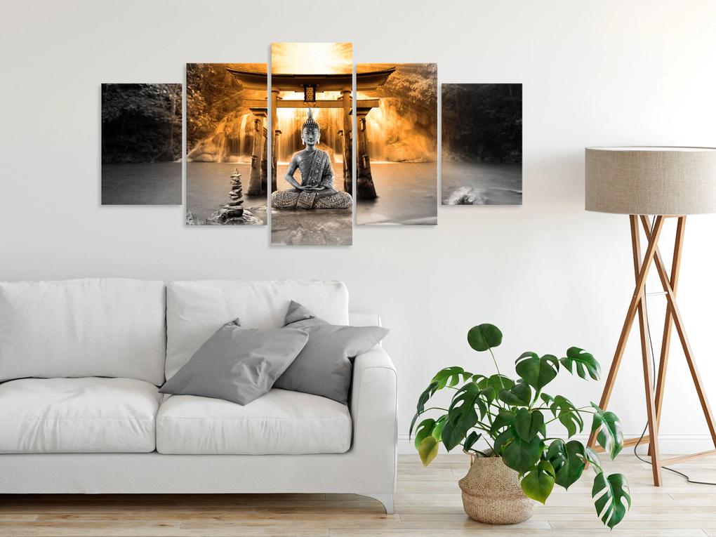 Artgeist Obraz - Buddha Smile (5 Parts) Wide Orange Veľkosť: 200x100, Verzia: Premium Print
