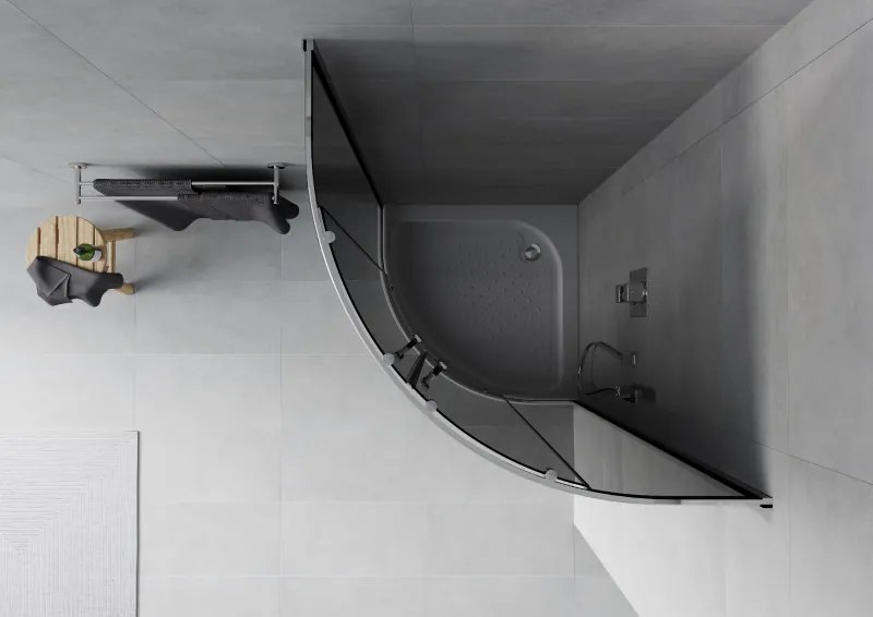 Mexen Rio, štvrťkruhový sprchovací kút s posuvnými dverami 90 x 90 cm, 6mm šedé sklo, chrómový profil + biela vysoká sprchová vanička Rio, 863-090-090-01-40-4710