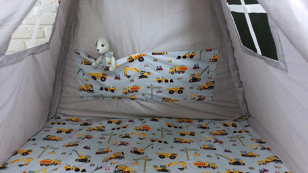 Detský stan TEEPEE (TÍPÍ) STAVEBNÁ TECHNIKA s doplnkami - sivý / biely