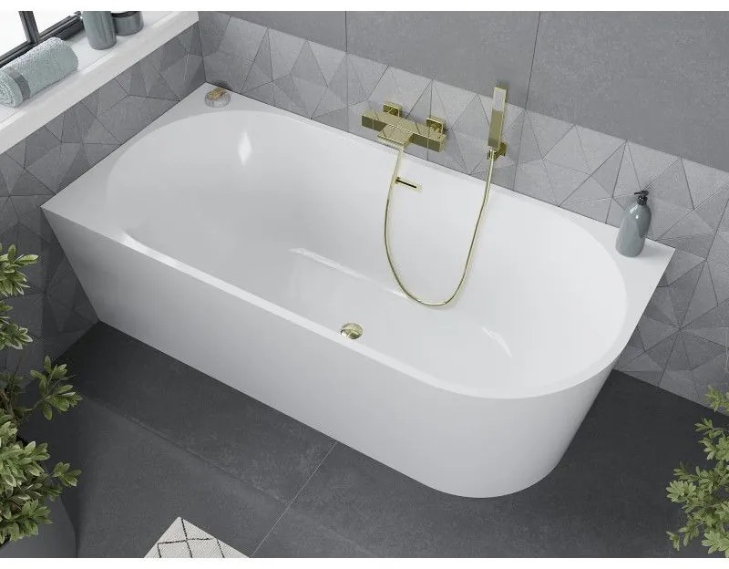 Mexen Mia, voľne stojaca rohová vaňa, lavá, 150 x 75 cm, biela, zlatý lesklý prepad, 52691507500L-50