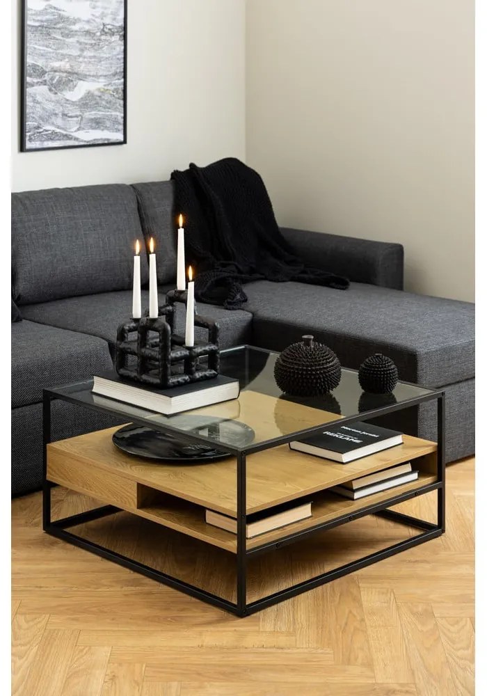 Konferenčný stolík so sklenenou doskou v prírodnej farbe 80x80 cm Randolf – Actona