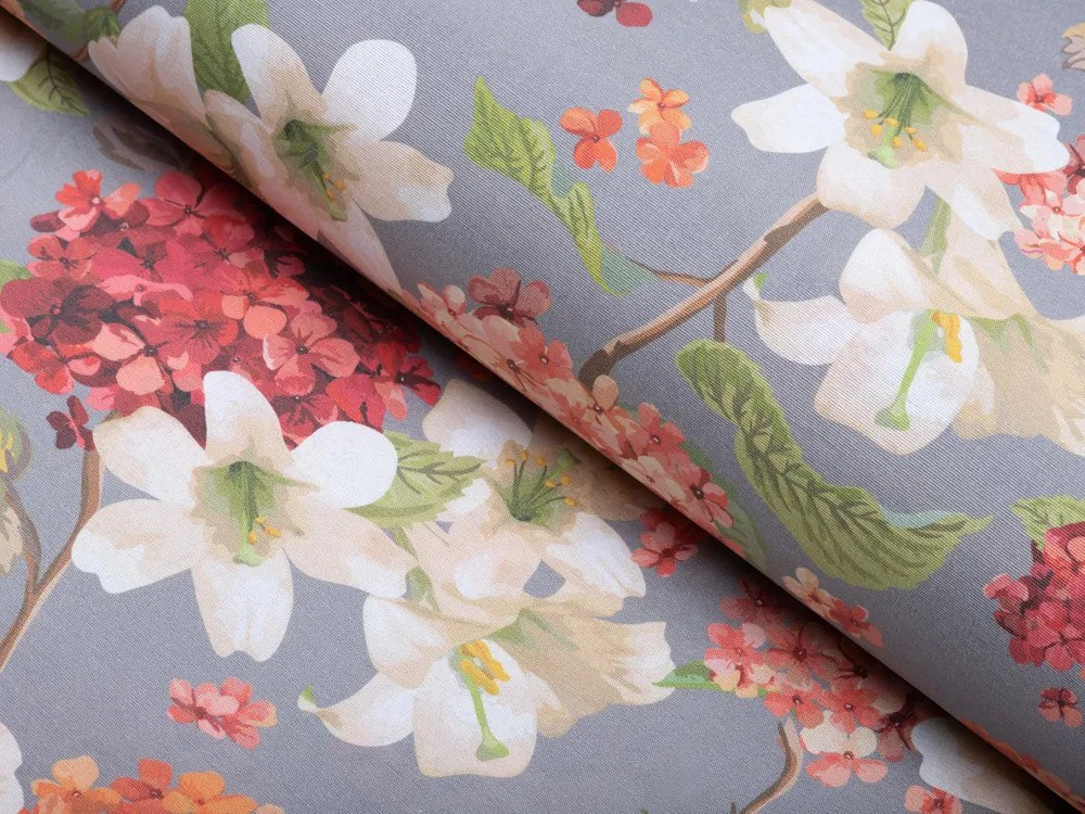 Biante Dekoračný obdĺžnikový obrus Leona LN-117 Hortenzie a ľalie na sivom 130x220 cm