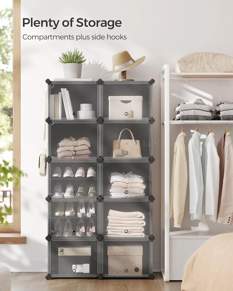 Topánková skriňa, 10 priehradková modulárna úložná jednotka, 32 x 165 x 125 cm, čierna