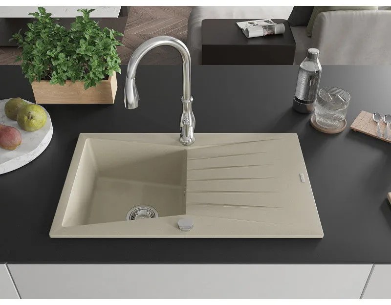Mexen Cesar, 1-komorový granitový drez 775x470x190 mm a drezová batéria Savita, béžová, 6514-69-672601-00