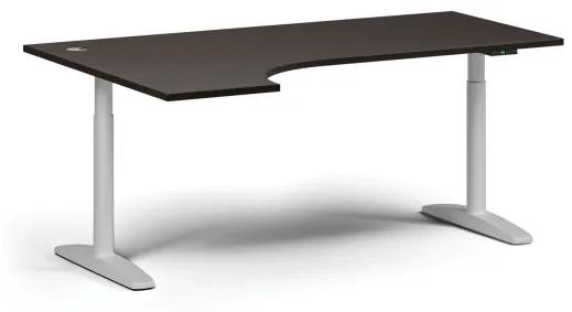 Výškovo nastaviteľný stôl OBOL, elektrický, 675-1325 mm, rohový ľavý, doska 1800x1200 mm, biela zaoblená podnož, wenge