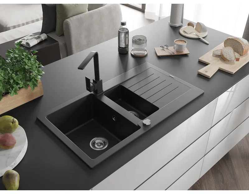 Mexen Matias, granitový drez 900x505x200 mm, 1,5-komorový a čierna batéria Rita, čierna, 6502-77-670300-70
