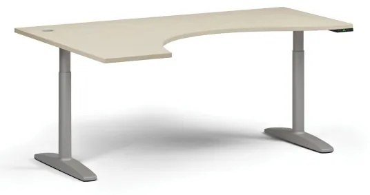 Výškovo nastaviteľný stôl OBOL, elektrický, 675-1325 mm, ergonomický ľavý, doska 1800x1200 mm, sivá zaoblená podnož, breza