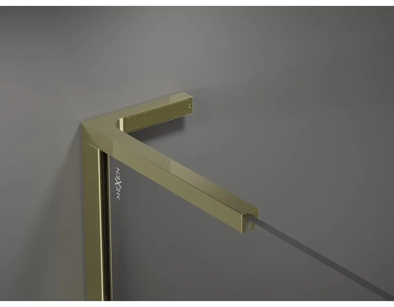 Mexen Kioto+ L, sprchová zástena Walk-In s poličkou a vešiakom 90 x 200 cm, 8mm sklo s rebrovým vzorom, zlatý matný profil, 800-090-123-55-09