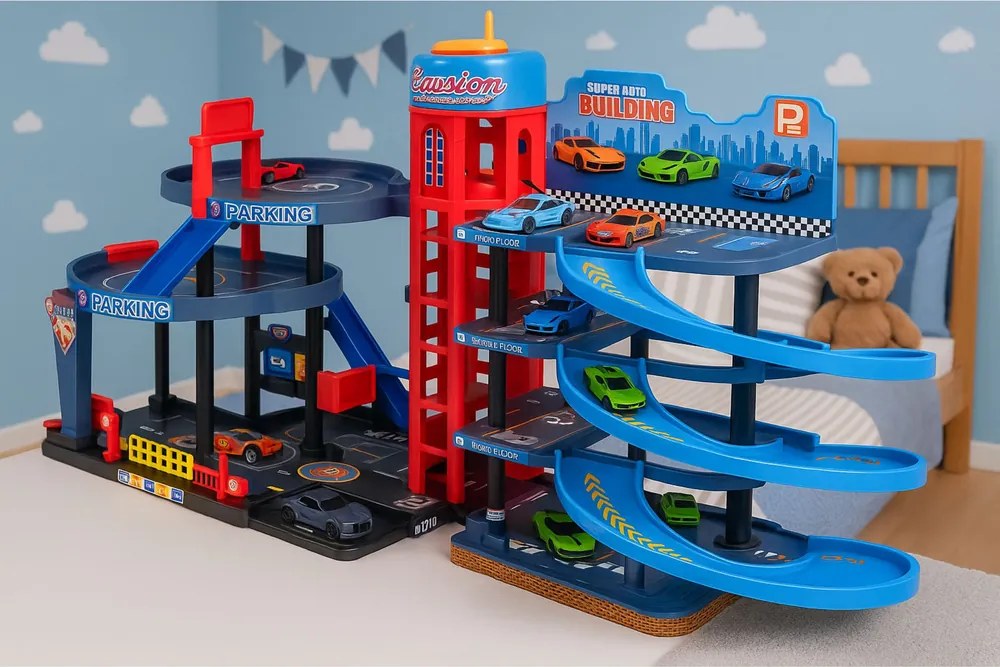 LEAN Toys Parkovisko 4 Level Track 8 kovových vozidiel Nálepky