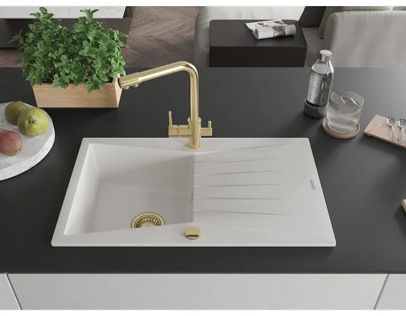 Mexen Cesar, granitový drez 775x470x190 mm, 1-komorový a zlatá batéria Duero, biela, 6514-20-671600-50
