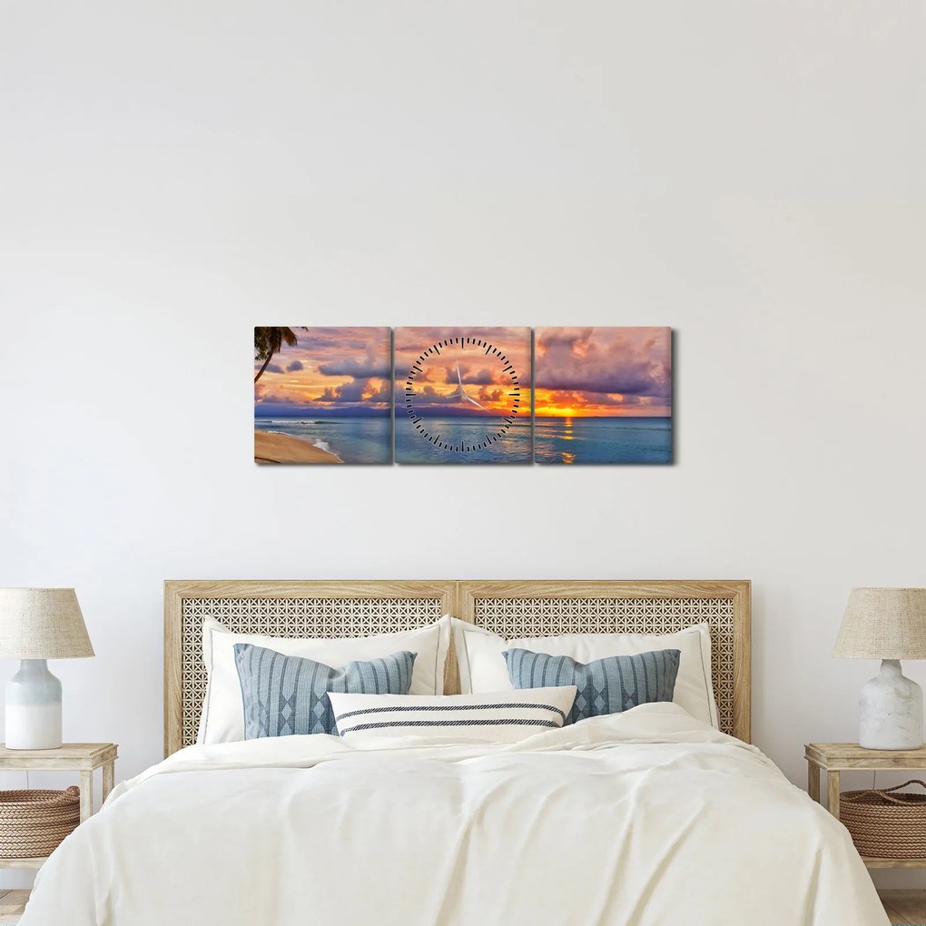 Obraz - Západ slnka na pláži (s hodinami) (90x30 cm)