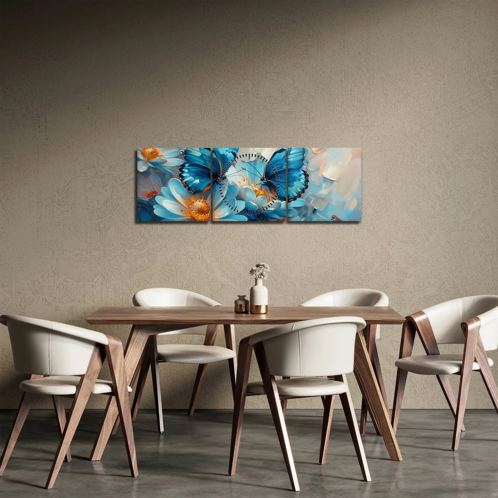 Obraz - Modrí motýle (s hodinami) (90x30 cm)