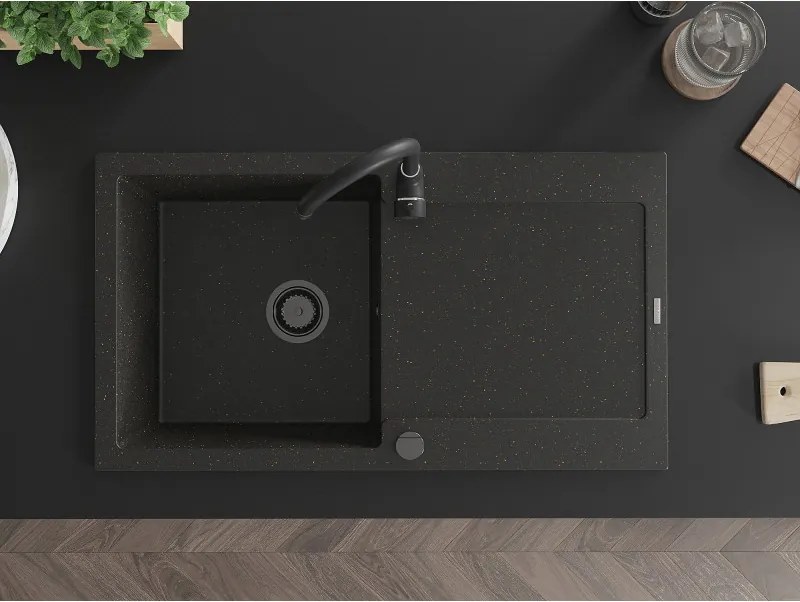 Mexen Leo, drez granitový 900x500x190 mm, 1-komorový, čierna-zlatá metalíza s čiernym sifónom, 6501901010-75-B