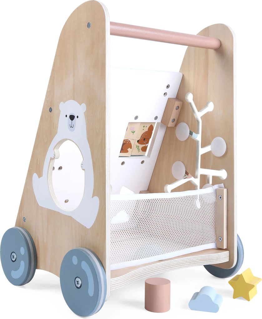 MULTISTORE Drevené chodítko ECOTOYS pre deti 18+ mes. – edukačné s kockami a pohyblivými prvkami