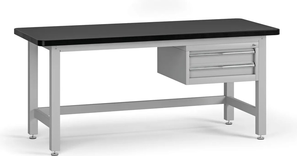 Pracovný stôl do dielne G4 so závesným boxom na náradie, MDF + PVC doska, 2 zásuvky, 1800 x 750 x 800 mm, sivá