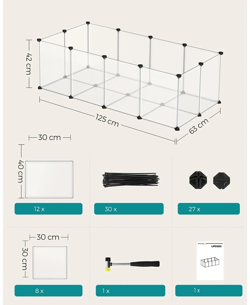 SongmicsHome Ohrádka pre malé zvieratá z priehľadného plastu BEN, 125x63x42cm, transparentná