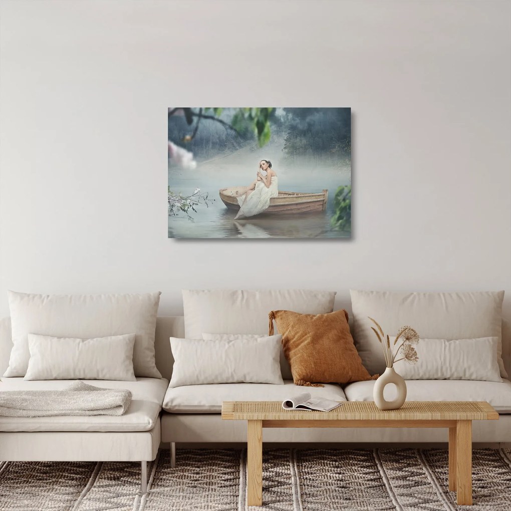 Sklenený obraz - Žena na loďke (70x50 cm)