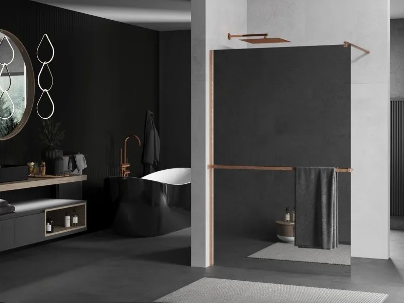 Mexen Kioto+, sprchová zástena Walk-In s poličkou a vešiakom 80 x 200 cm, 8mm sklo vzor zrkadlo, medený matný profil, 800-080-121-65-50